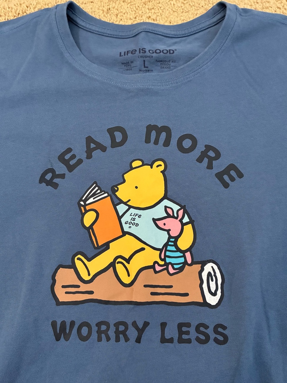 Life is Good 'Read More Worry Less' Winnie the Pooh Cotton Tee / T-shirt Size L